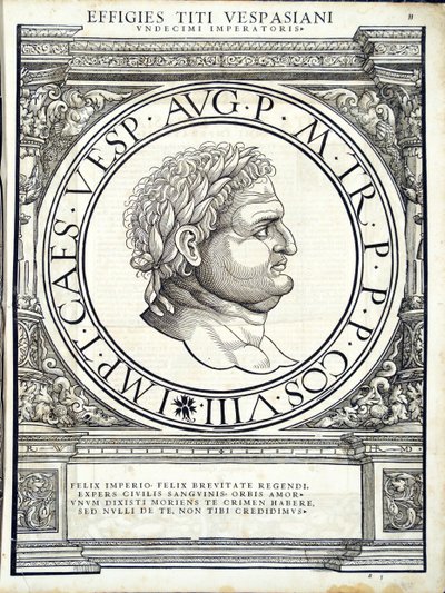 Titus Vespasianus, illustration de Imperatorum romanorum omnium orientalium et occidentalium verissimae imagines ex antiquis numismatis - Hans Rudolf Manuel Deutsch